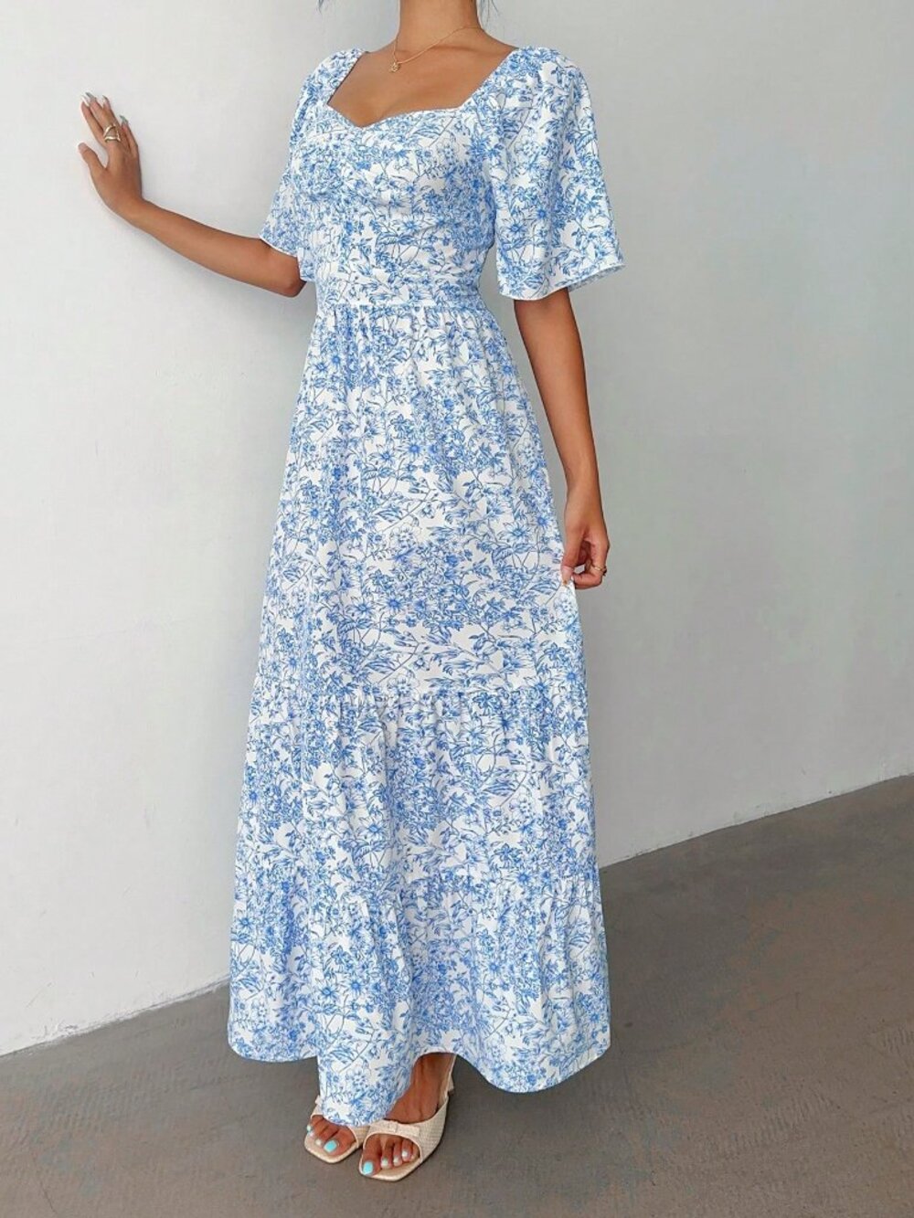 Baby Blue Boho Women's Short Sleeve Vacation Beach Music Festival Floral Dress - Picture 7 of 7